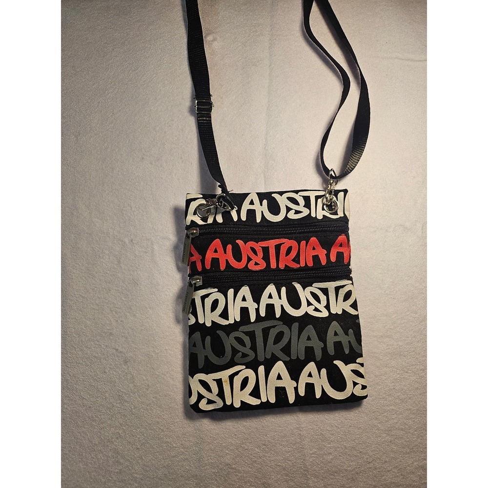 Robin Ruth Austria Souvenir Crossbody Bag Black Canvas Passport Travel 3013